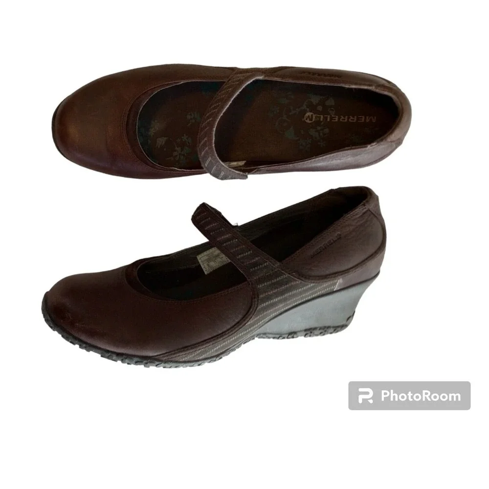 Merrell Poppy Roast Brown Leather Mary Jane Wedge Heel Shoes Vibram‎ Women's 10
